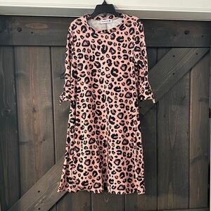 Girls' Pink Leopard-Print Casual Knit Dress with Long Sleeves